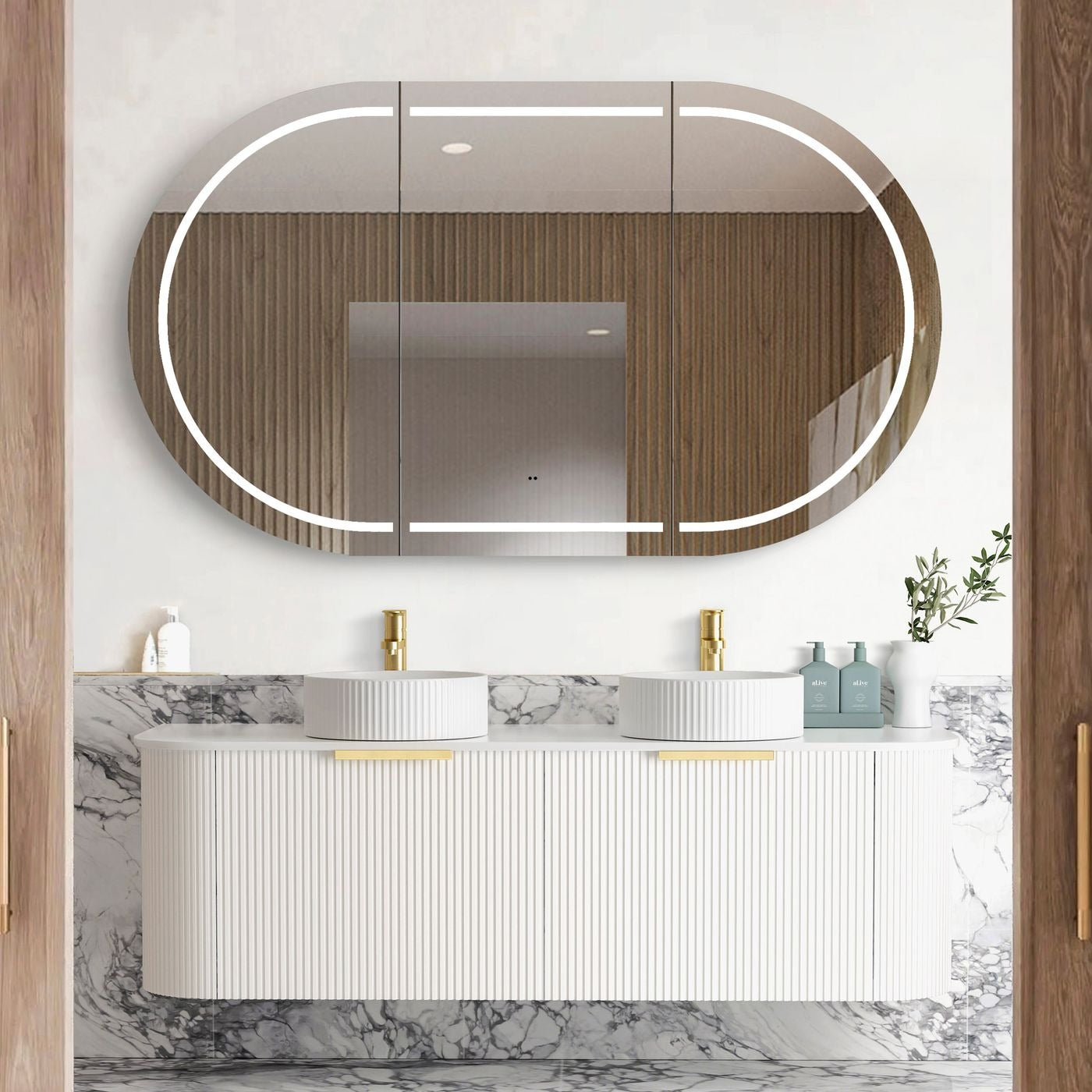 OTTI BONDI MATTE WHITE FLUTED 1500MM CURVE DOUBLE BOWL WALL HUNG VANITY