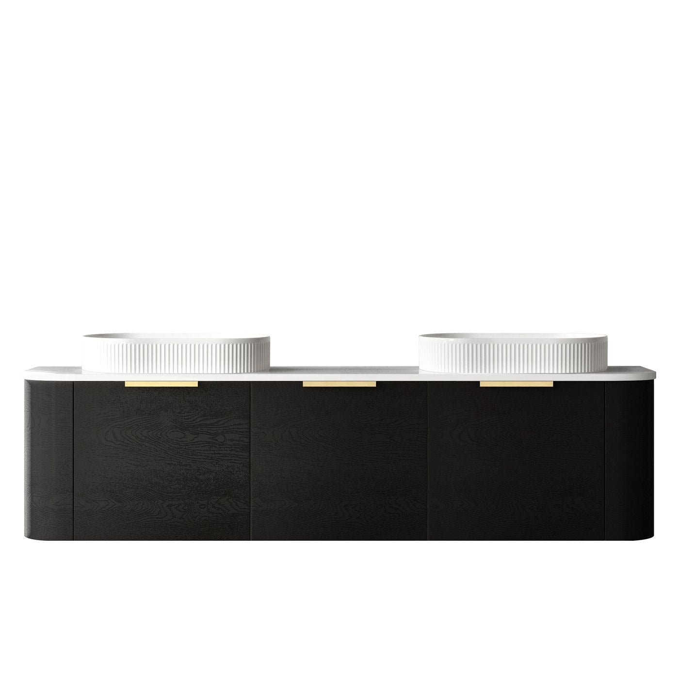 OTTI BONDI BLACK OAK 1800MM CURVE DOUBLE BOWL WALL HUNG VANITY
