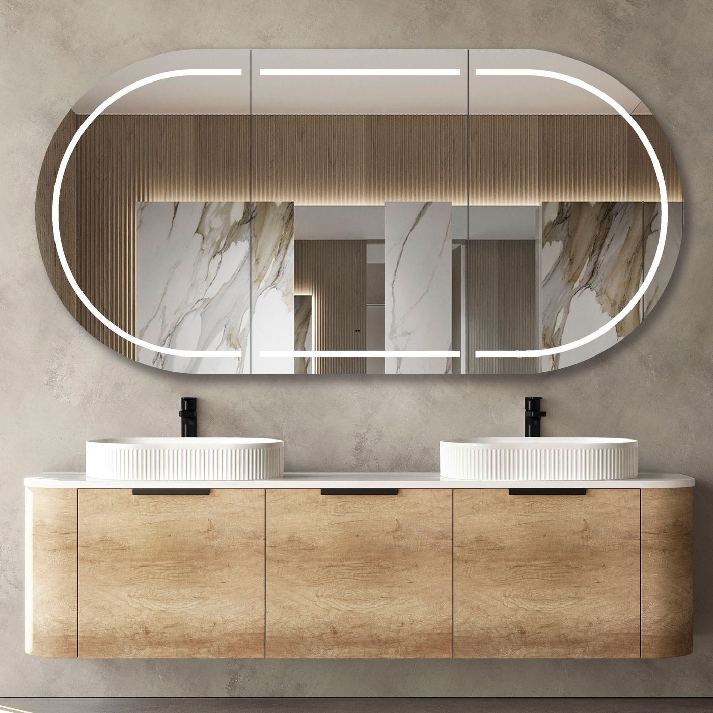 OTTI BONDI NATURAL OAK 1800MM CURVE DOUBLE BOWL WALL HUNG VANITY