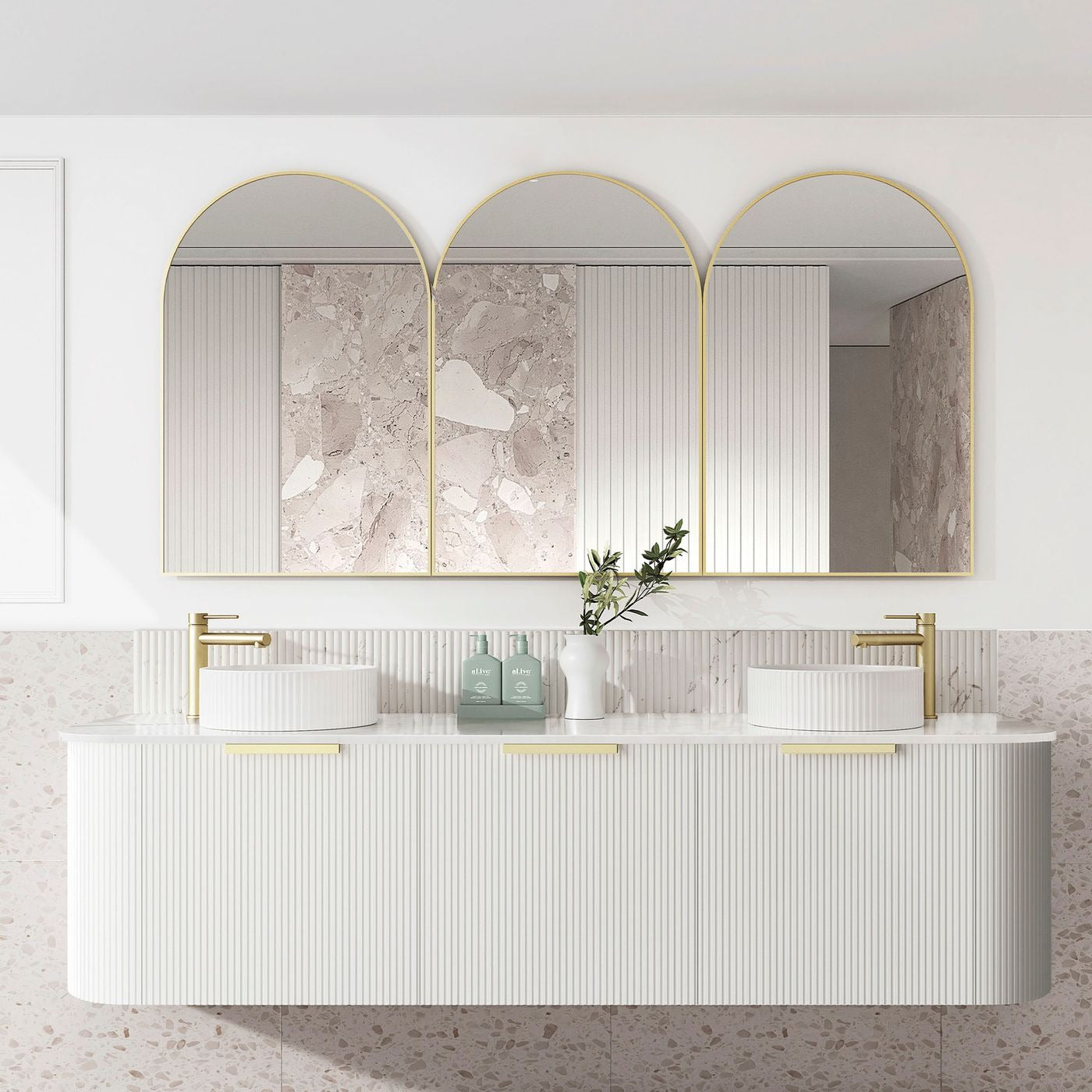 OTTI BONDI MATTE WHITE FLUTED 1800MM CURVE DOUBLE BOWL WALL HUNG VANITY