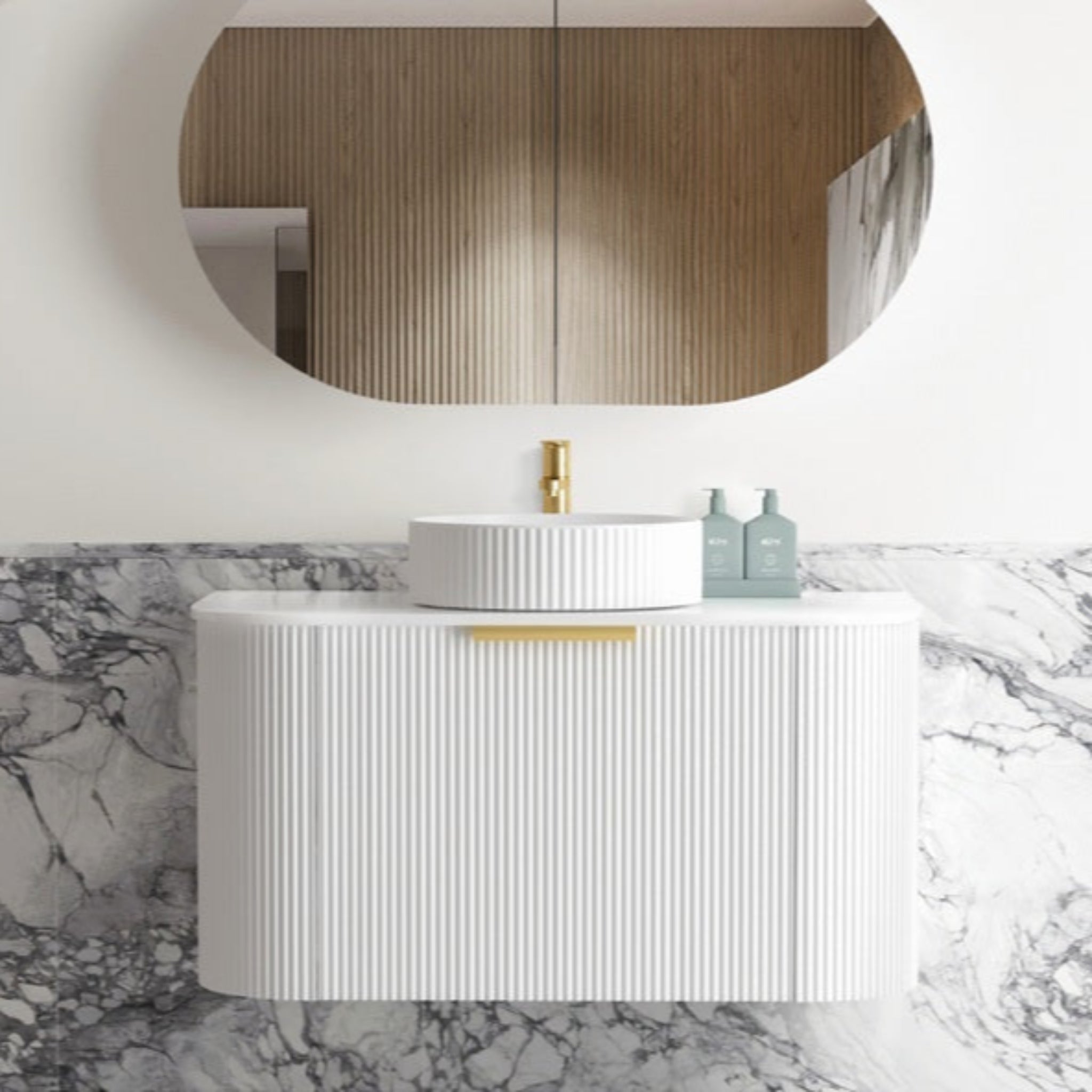 OTTI BONDI MATTE WHITE FLUTED 900MM CURVE SINGLE BOWL WALL HUNG VANITY