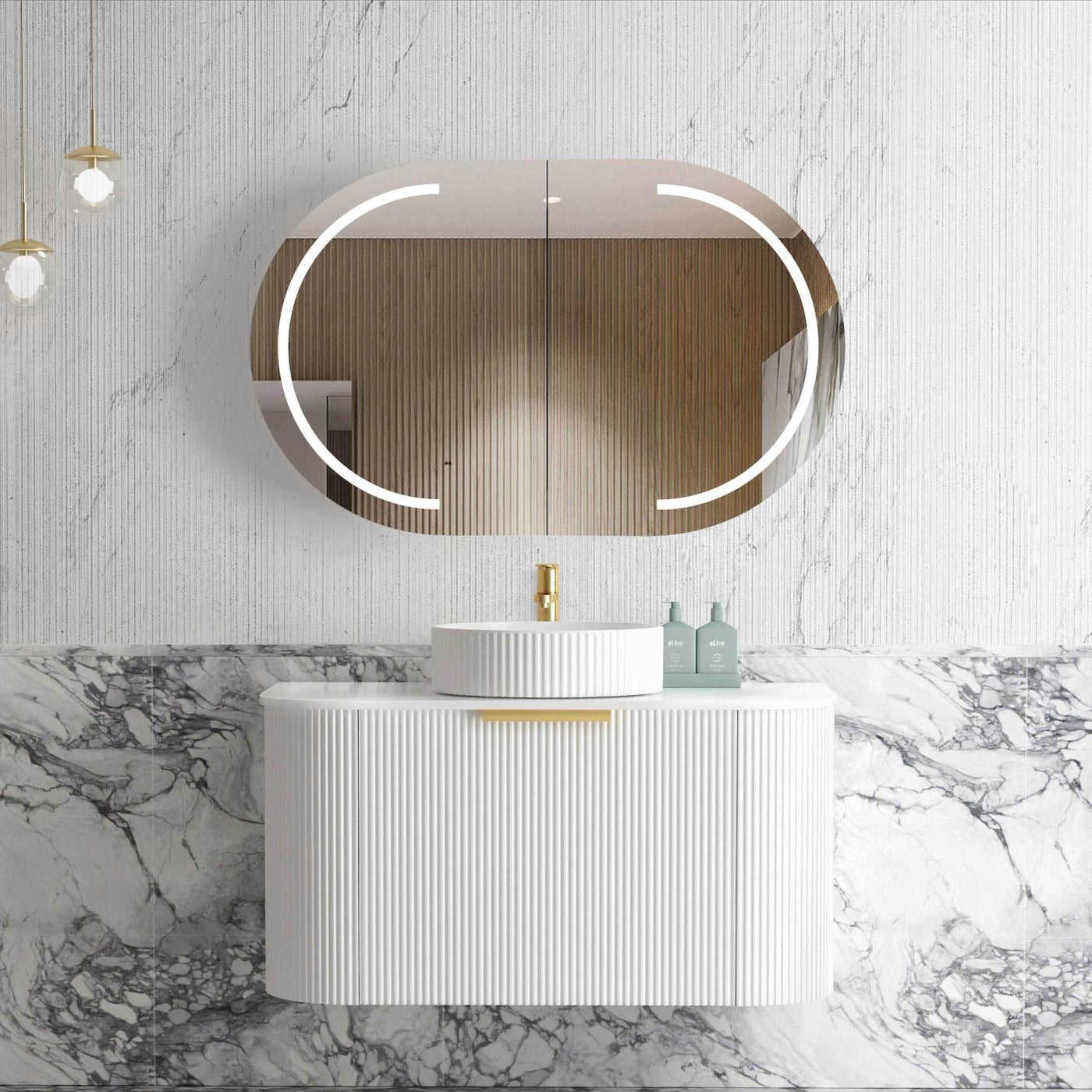 OTTI BONDI MATTE WHITE FLUTED 900MM CURVE SINGLE BOWL WALL HUNG VANITY