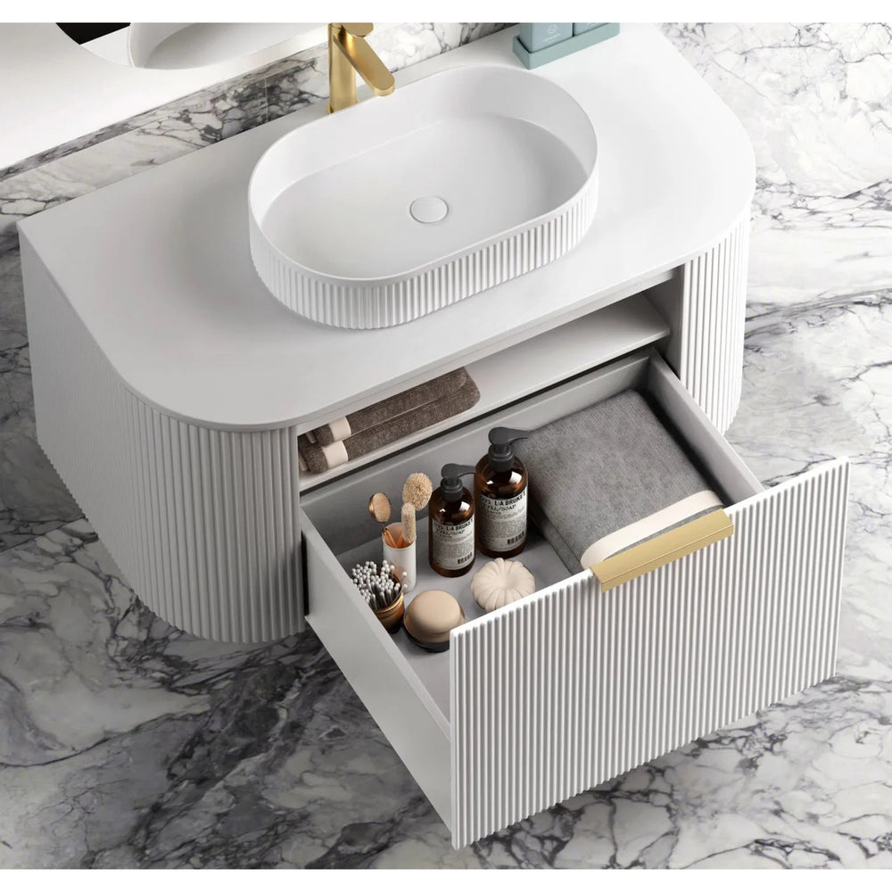 OTTI BONDI MATTE WHITE FLUTED 900MM CURVE SINGLE BOWL WALL HUNG VANITY
