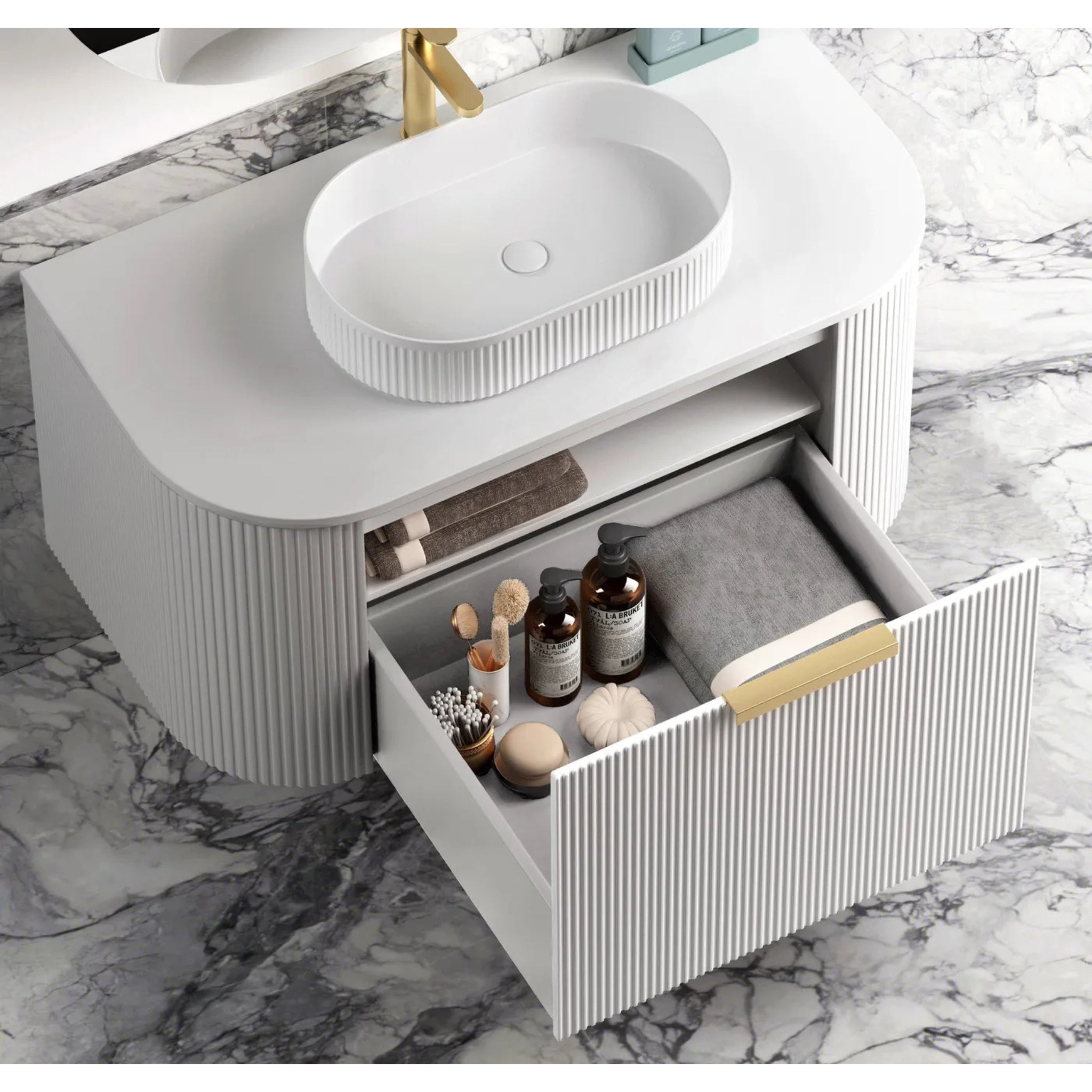 OTTI BONDI MATTE WHITE FLUTED 900MM CURVE SINGLE BOWL WALL HUNG VANITY