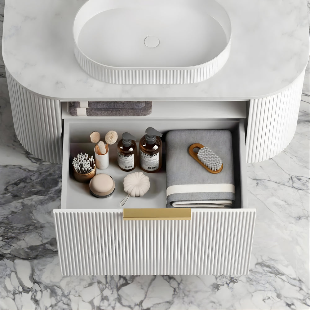OTTI BONDI MATTE WHITE FLUTED 900MM CURVE SINGLE BOWL WALL HUNG VANITY