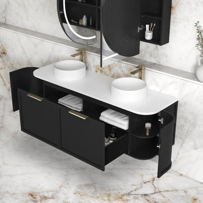 OTTI HAMPSHIRE SATIN BLACK 1500MM CURVE DOUBLE BOWL WALL HUNG VANITY