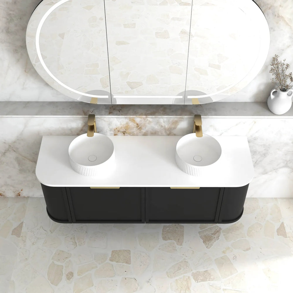 OTTI HAMPSHIRE SATIN BLACK 1500MM CURVE DOUBLE BOWL WALL HUNG VANITY