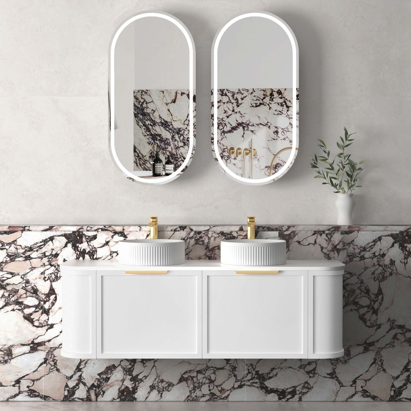 OTTI HAMPSHIRE SATIN WHITE 1500MM CURVE DOUBLE BOWL WALL HUNG VANITY