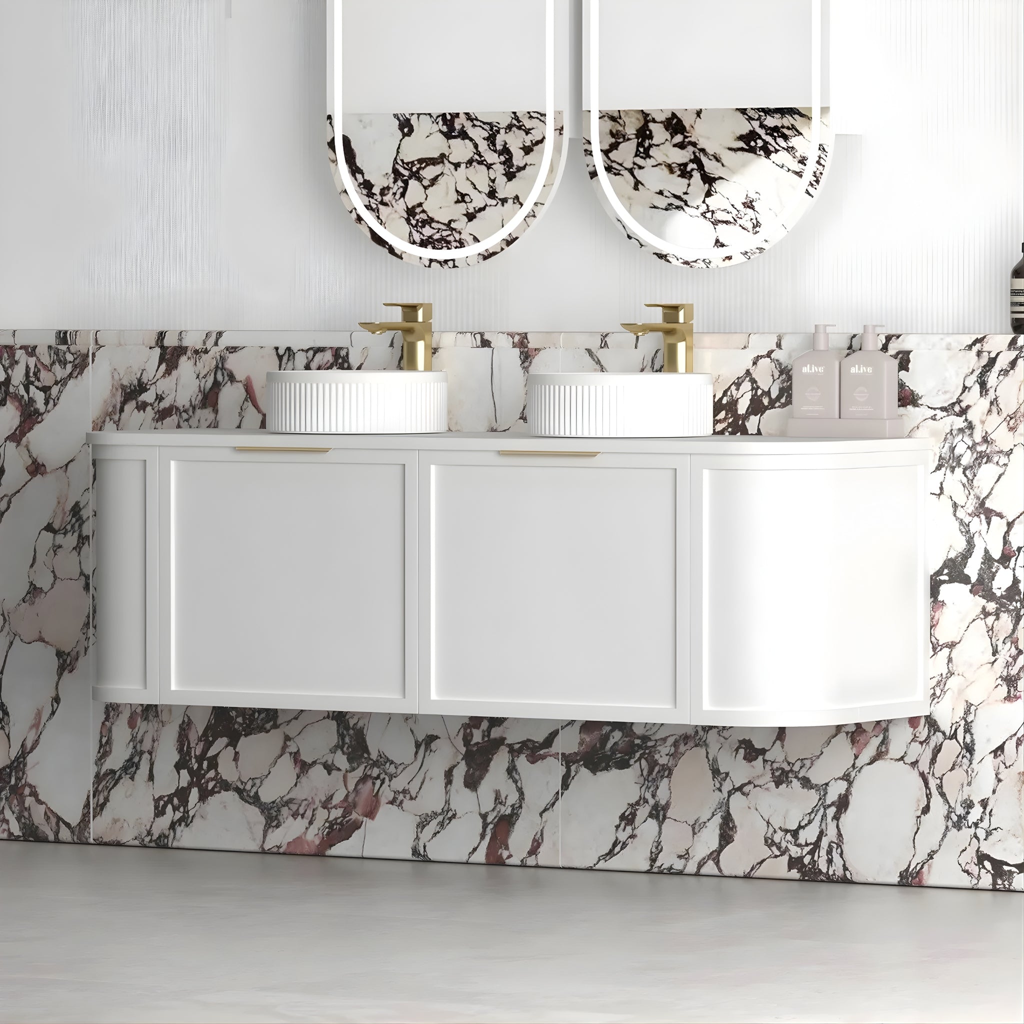 OTTI HAMPSHIRE SATIN WHITE 1500MM CURVE DOUBLE BOWL WALL HUNG VANITY