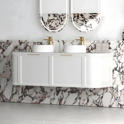 OTTI HAMPSHIRE SATIN WHITE 1500MM CURVE DOUBLE BOWL WALL HUNG VANITY