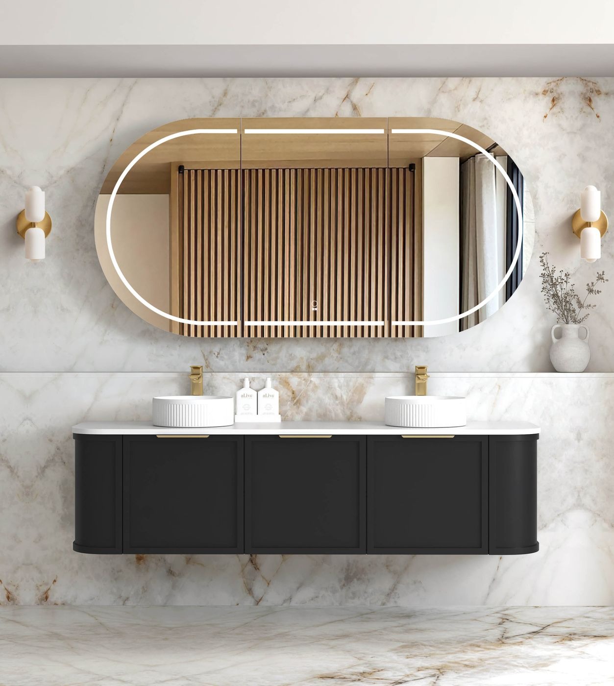 OTTI HAMPSHIRE SATIN BLACK 1800MM CURVE DOUBLE BOWL WALL HUNG VANITY