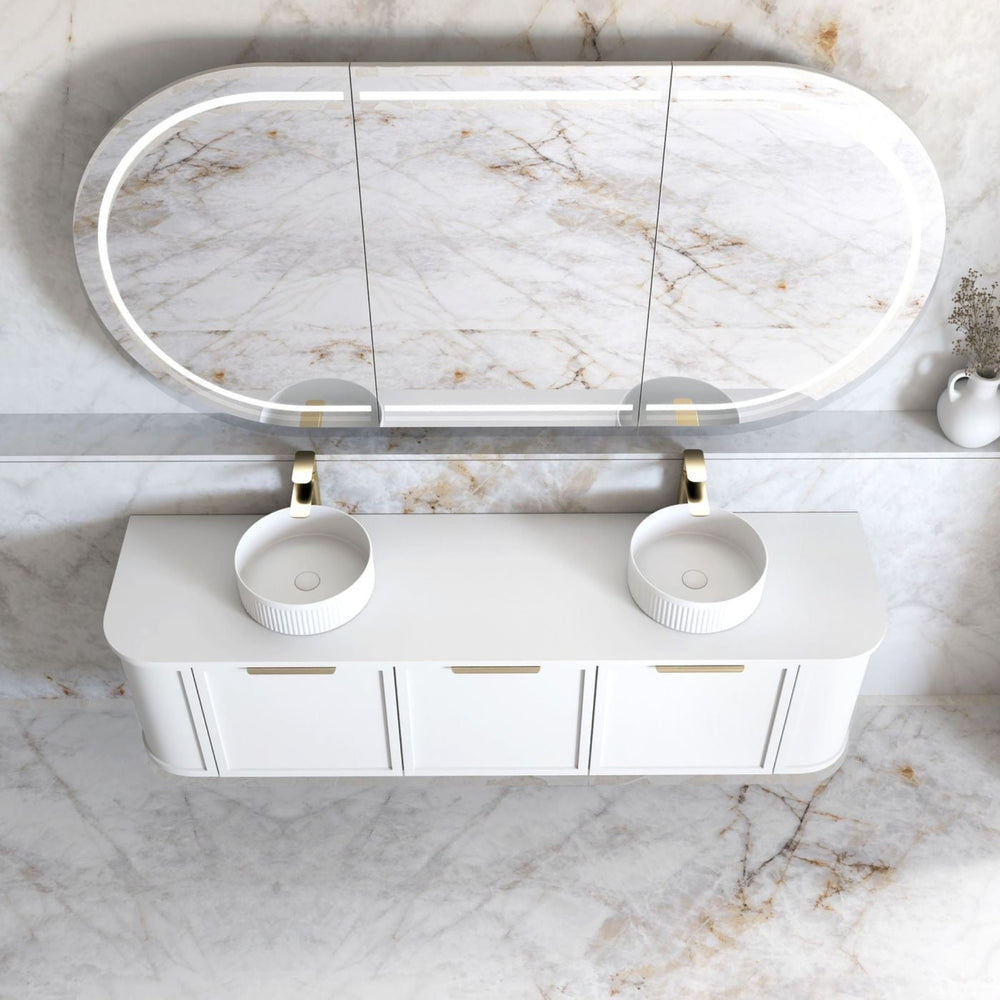 OTTI HAMPSHIRE SATIN WHITE 1800MM CURVE DOUBLE BOWL WALL HUNG VANITY