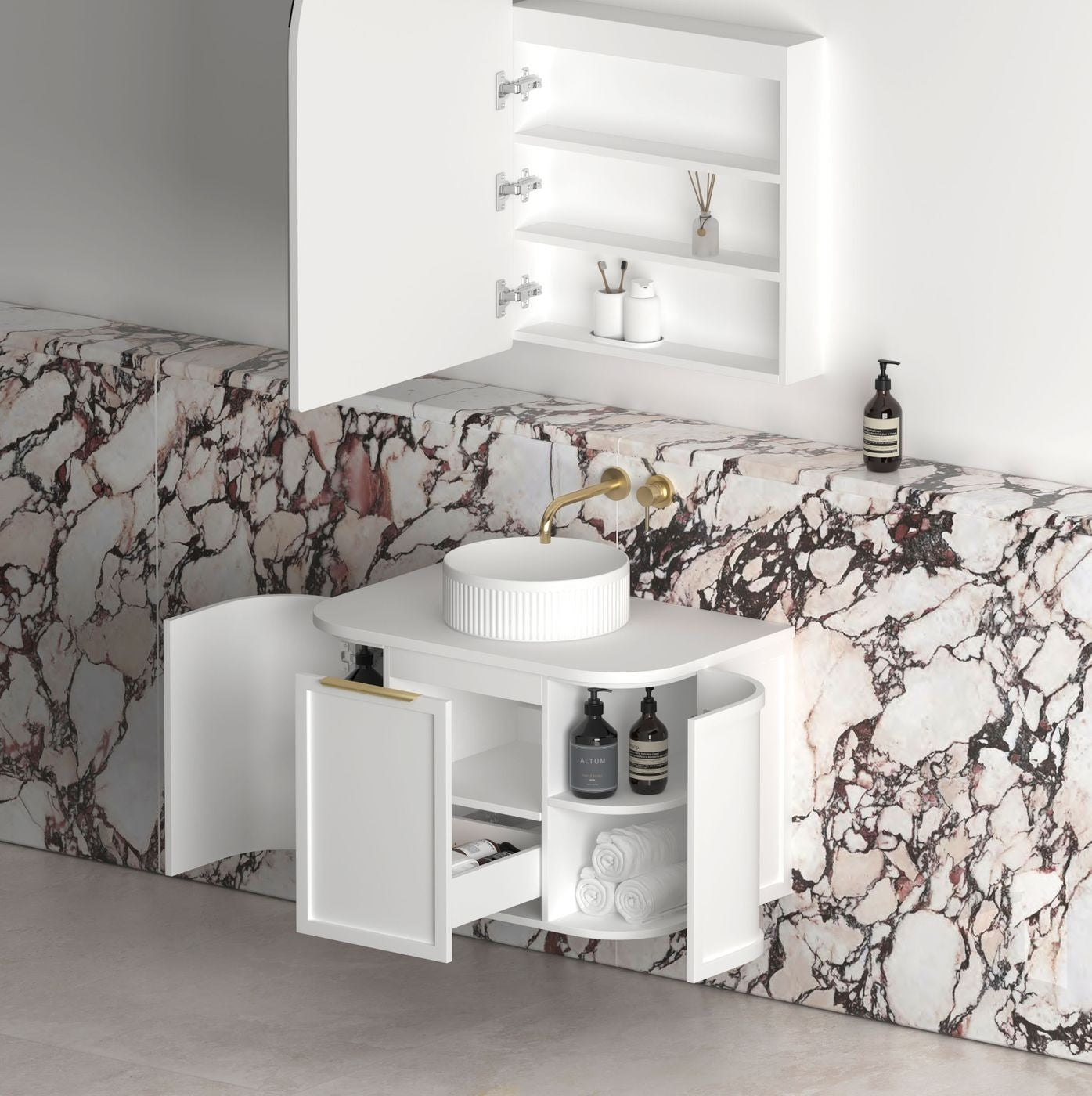 OTTI HAMPSHIRE SATIN WHITE 750MM CURVE SINGLE BOWL WALL HUNG VANITY