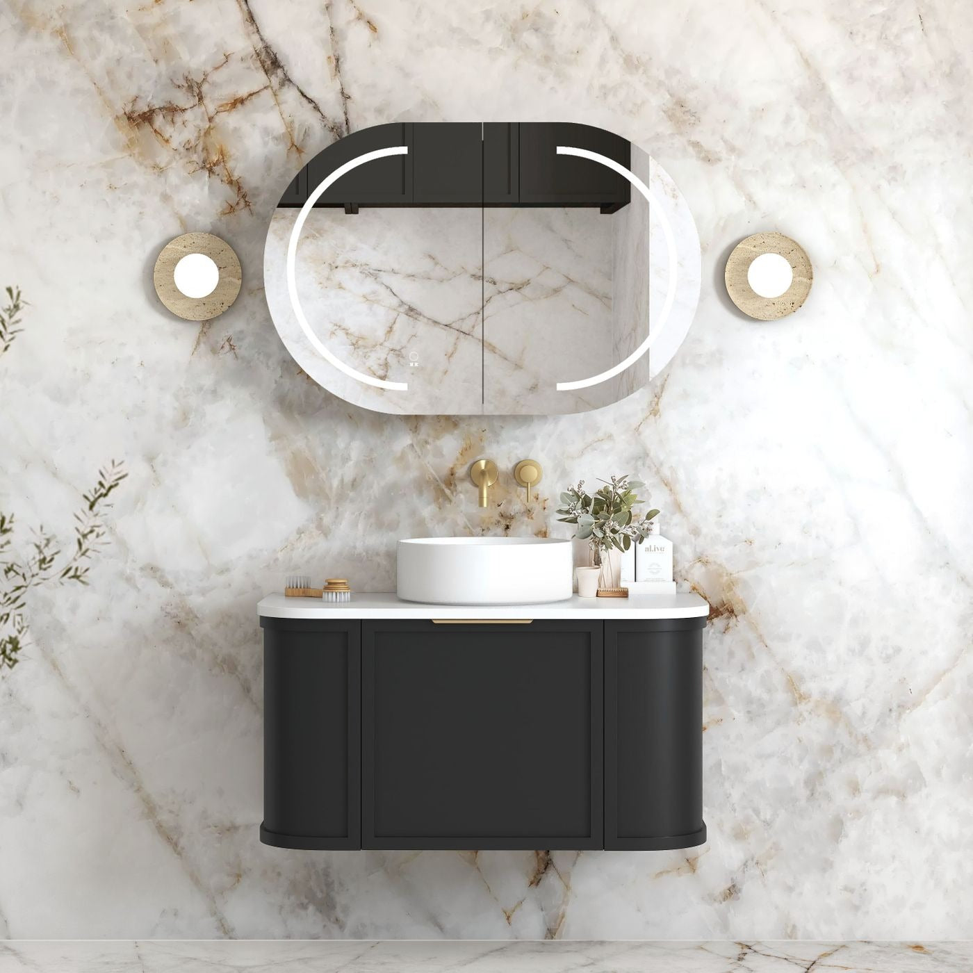 OTTI HAMPSHIRE SATIN BLACK 900MM CURVE SINGLE BOWL WALL HUNG VANITY