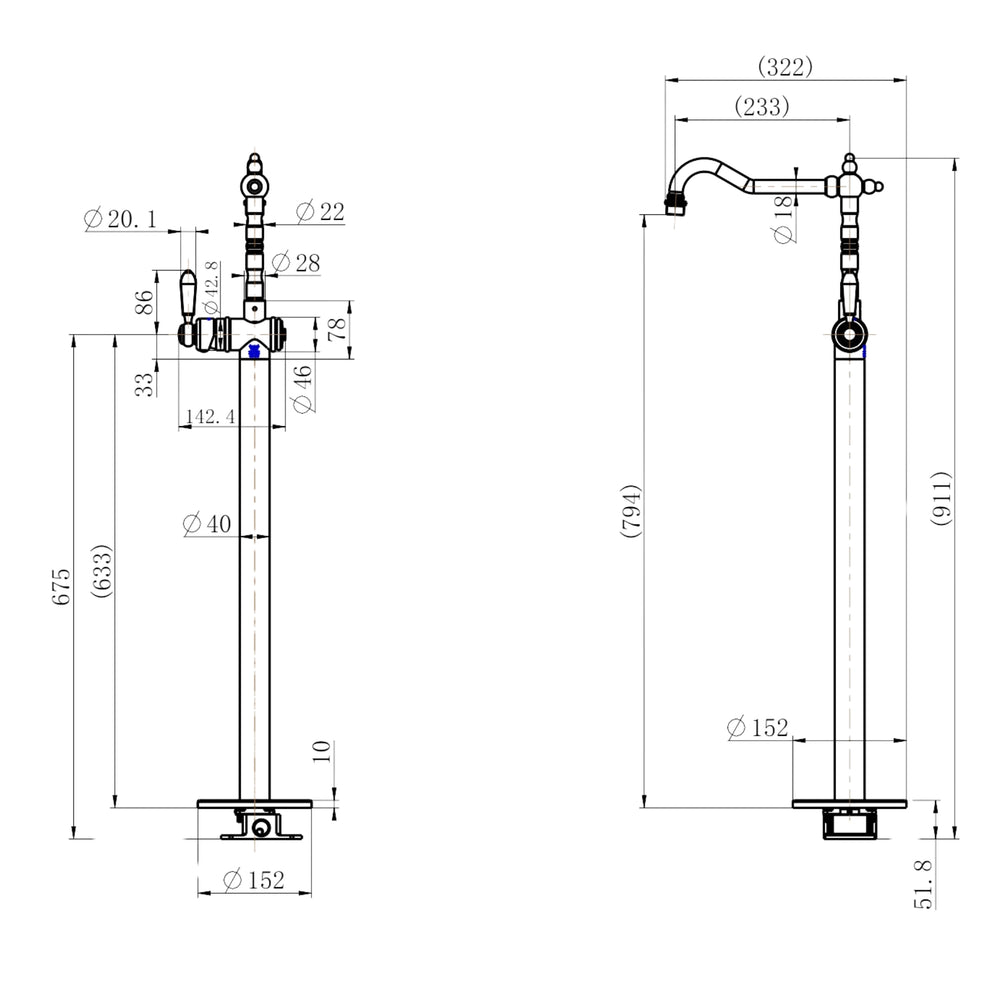 MODERN NATIONAL BORDEAUX FREESTANDING BATH MIXER 911MM CHROME