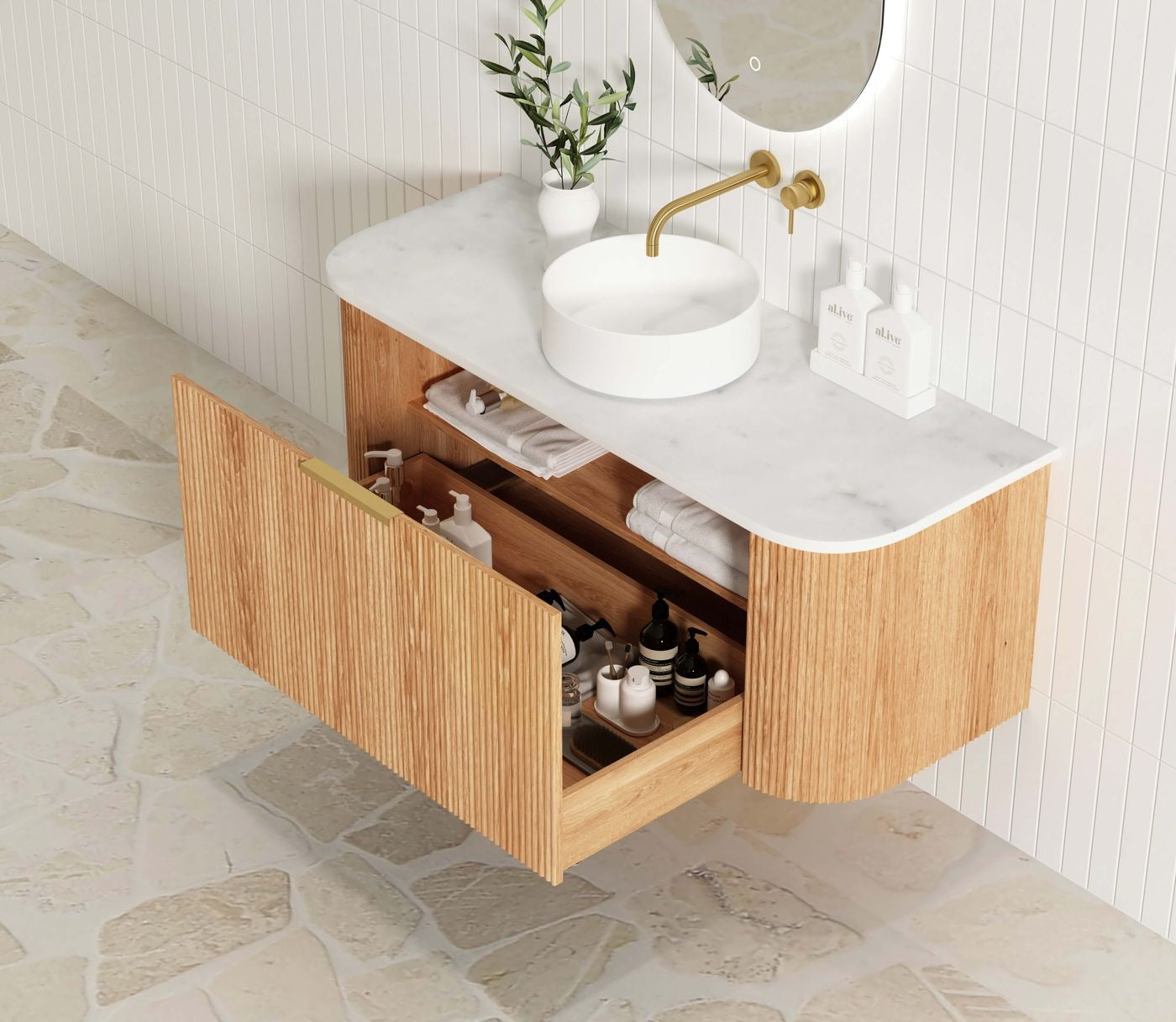 OTTI BONDI WOODLAND OAK FLUTED 1200MM CURVE SINGLE BOWL WALL HUNG VANITY