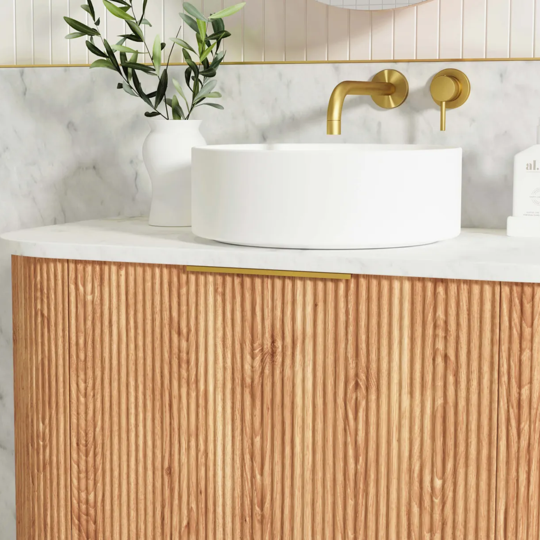 OTTI BONDI WOODLAND OAK FLUTED 1500MM CURVE DOUBLE BOWL WALL HUNG VANITY