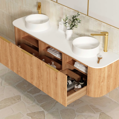 OTTI BONDI WOODLAND OAK FLUTED 1800MM CURVE DOUBLE BOWL WALL HUNG VANITY