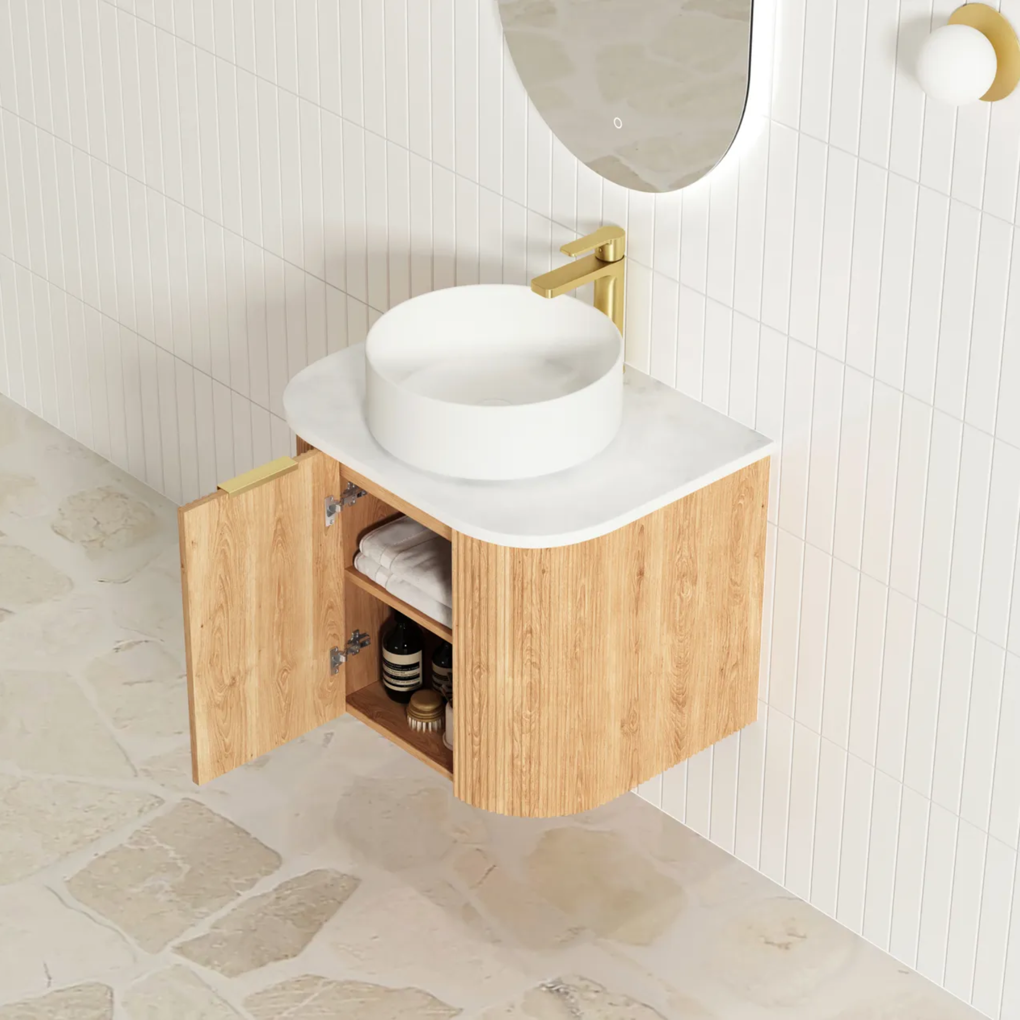 OTTI BONDI WOODLAND OAK FLUTED 600MM CURVE SINGLE BOWL WALL HUNG VANITY