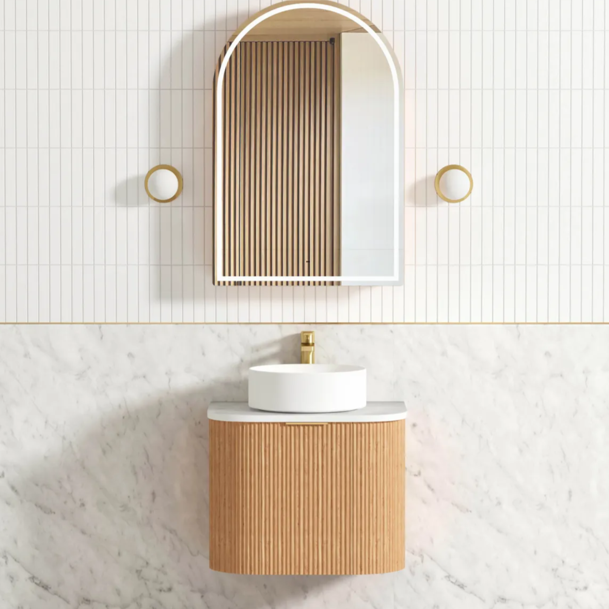 OTTI BONDI WOODLAND OAK FLUTED 600MM CURVE SINGLE BOWL WALL HUNG VANITY