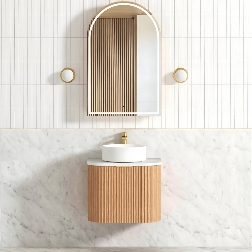OTTI BONDI WOODLAND OAK FLUTED 600MM CURVE SINGLE BOWL WALL HUNG VANITY