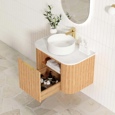 OTTI BONDI WOODLAND OAK FLUTED 750MM CURVE SINGLE BOWL WALL HUNG VANITY