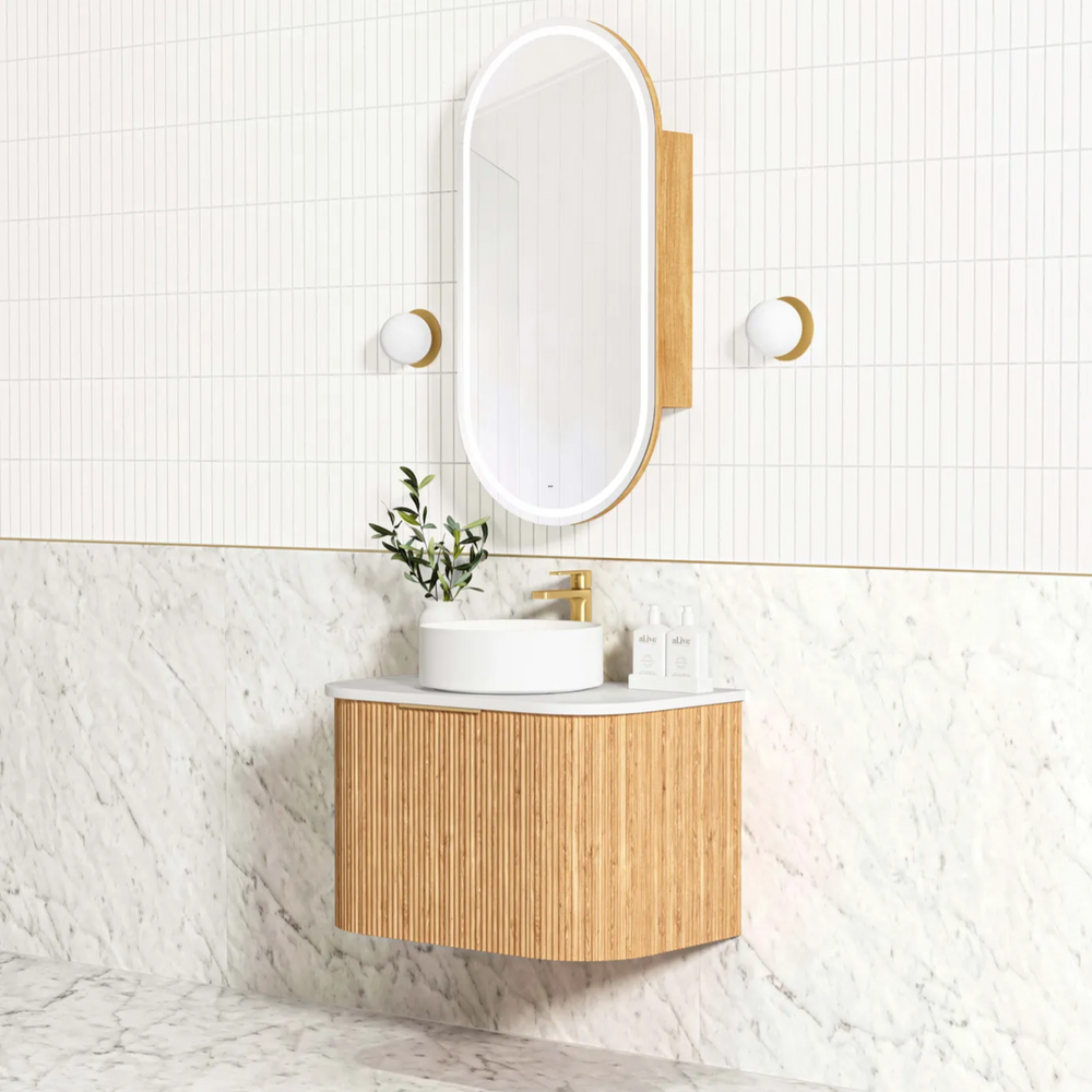 OTTI BONDI WOODLAND OAK FLUTED 750MM CURVE SINGLE BOWL WALL HUNG VANITY