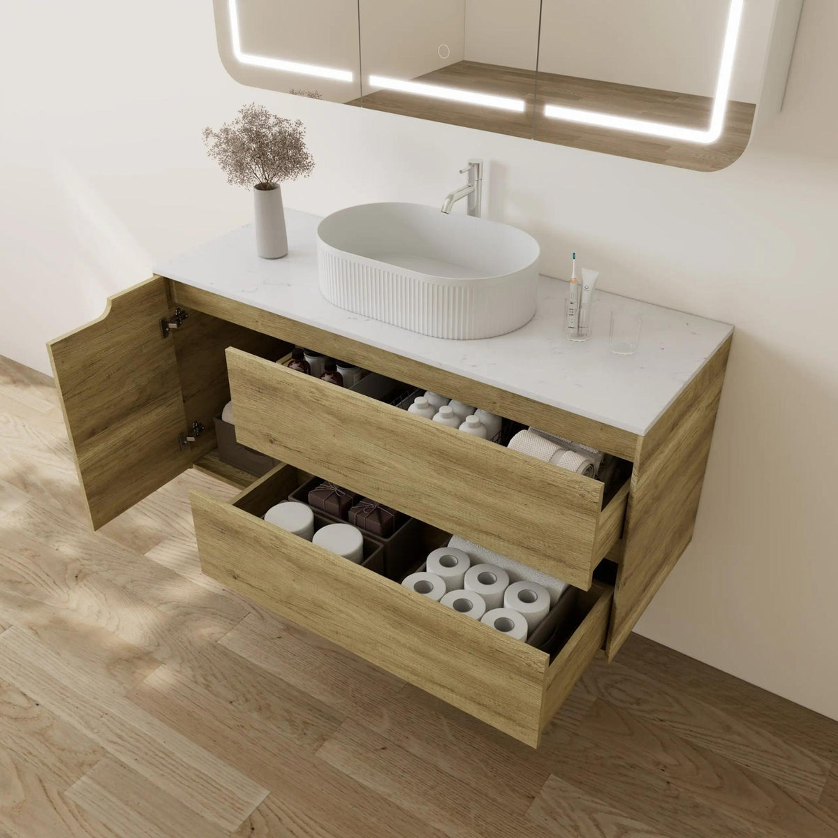 VITO BROOKLYN ASHWOOD 1200MM SINGLE BOWL WALL HUNG VANITY (RIGHT HAND DRAWER)