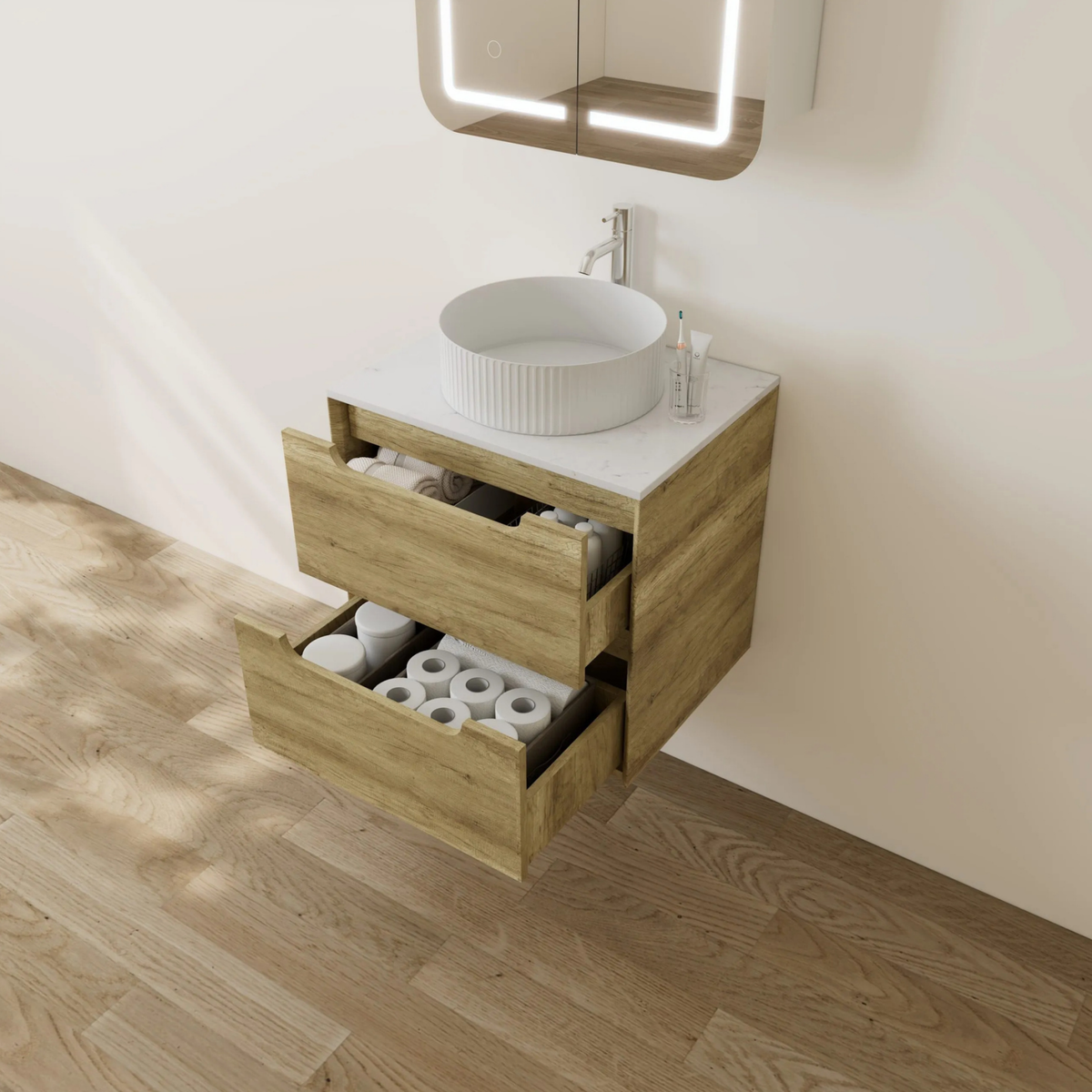 VITO BROOKLYN ASHWOOD 600MM SINGLE BOWL WALL HUNG VANITY