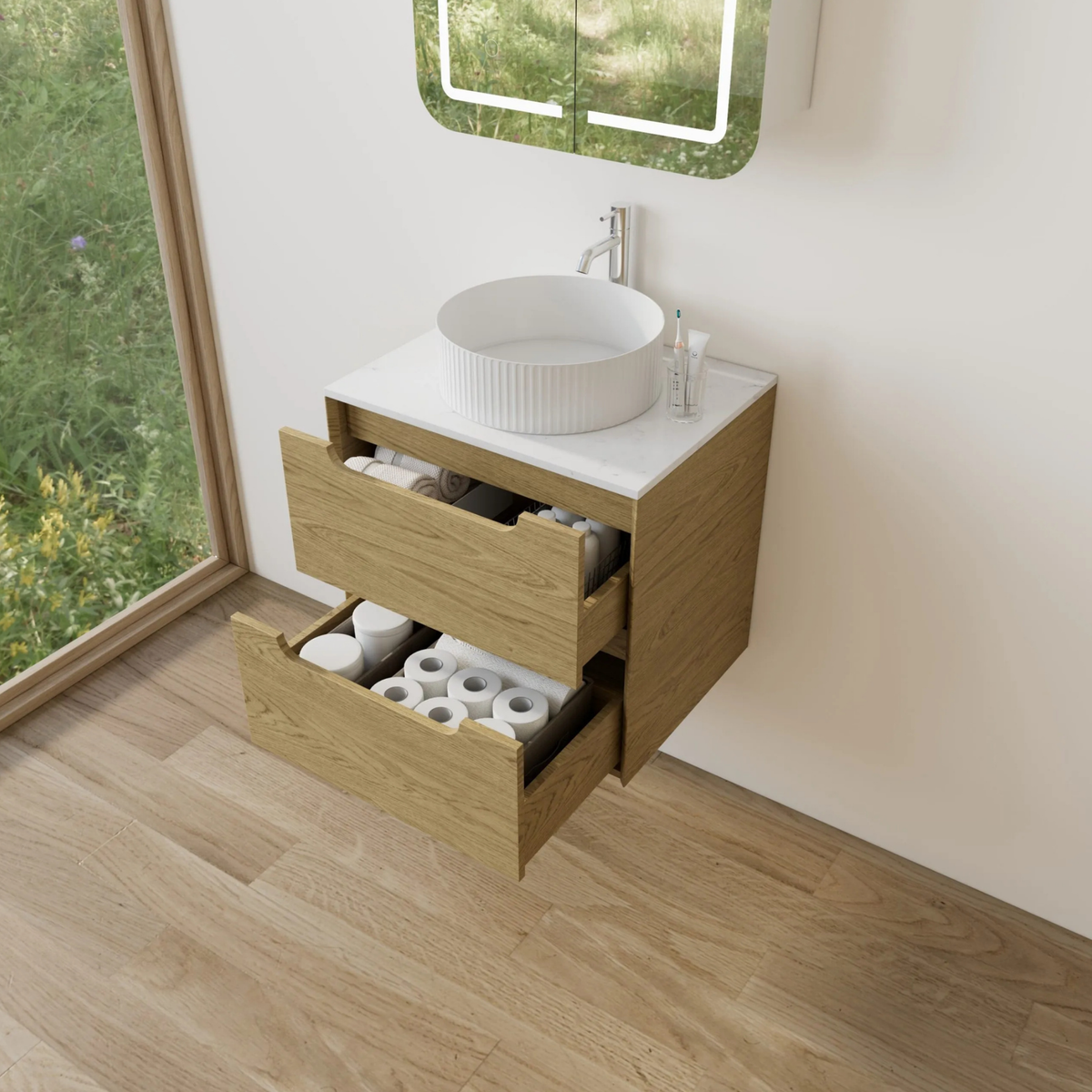 VITO BROOKLYN RED OAK 600MM SINGLE BOWL WALL HUNG VANITY