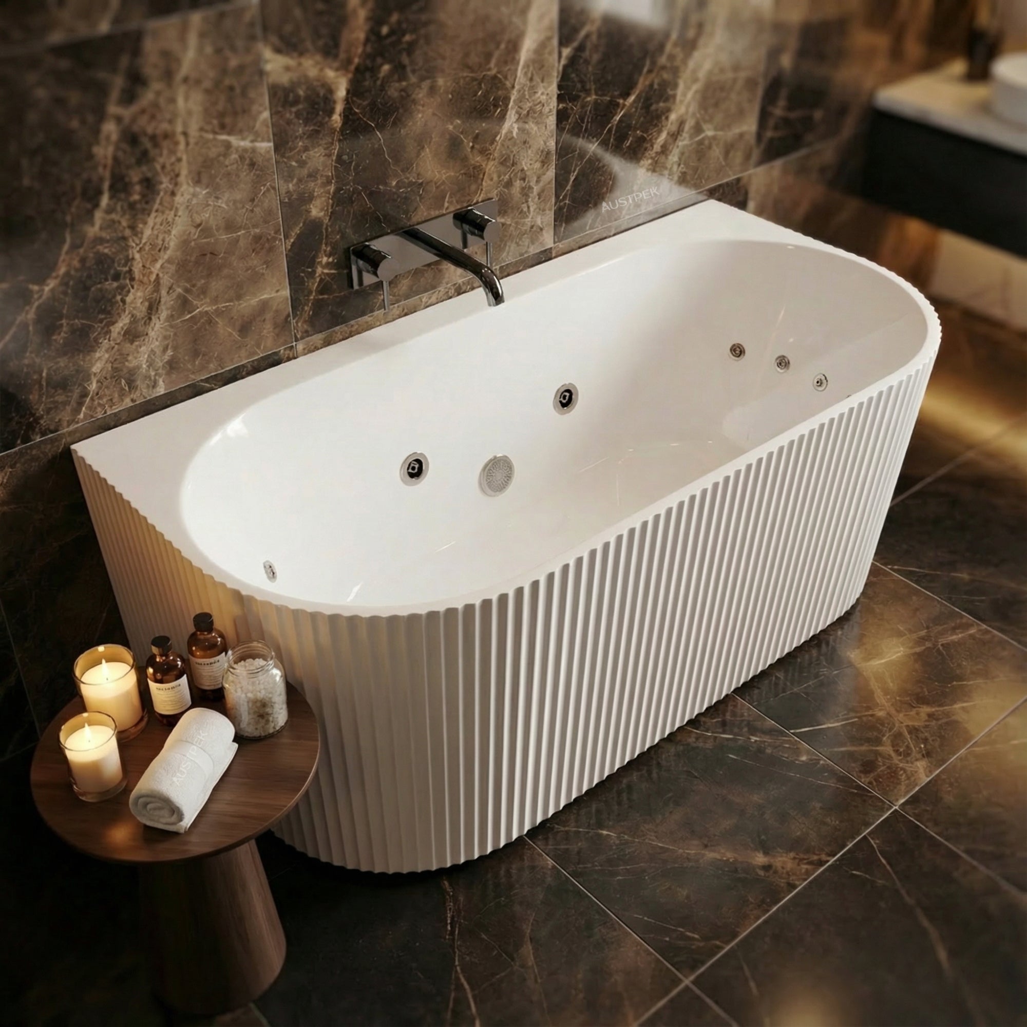 BROADWAY MALLORCA FLUTED BACK TO WALL SPA BATHTUB GLOSS WHITE (AVAILABLE IN 1500MM AND 1700MM) WITH 10-JETS