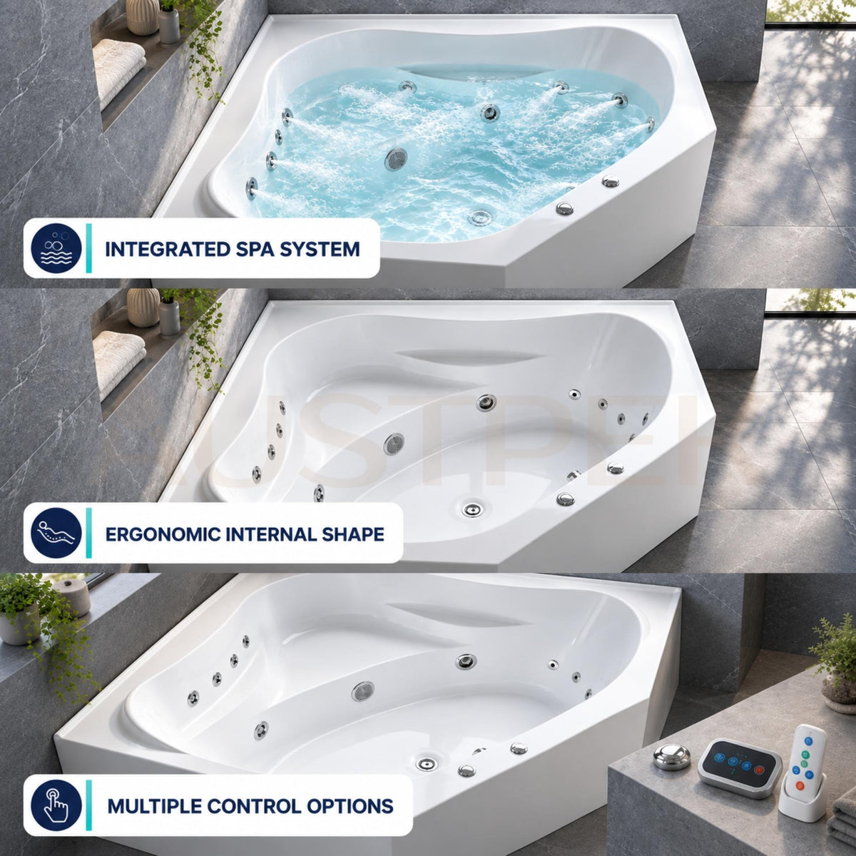 BROADWAY FS53 CORNER SPA BATHTUB GLOSS WHITE (AVAILABLE IN 1290MM AND 1490MM) WITH 12 JETS