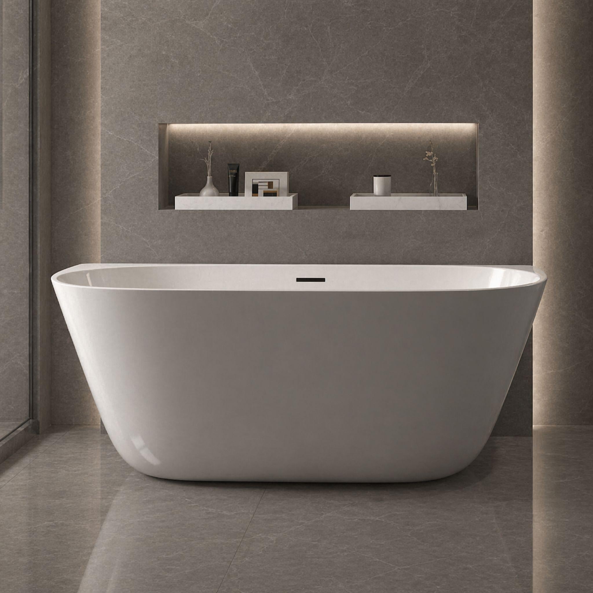 ZUMI MILA FREESTANDING BACK TO WALL BATHTUB WITH OVERFLOW GLOSS WHITE (AVAILABLE IN 1400MM, 1500MM AND 1700MM)