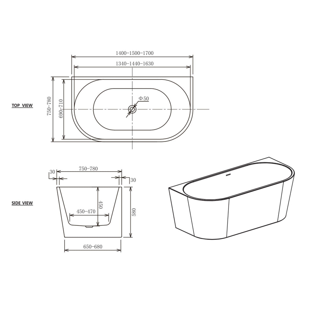 ZUMI MILA FREESTANDING BACK TO WALL BATHTUB WITH OVERFLOW GLOSS WHITE (AVAILABLE IN 1400MM, 1500MM AND 1700MM)