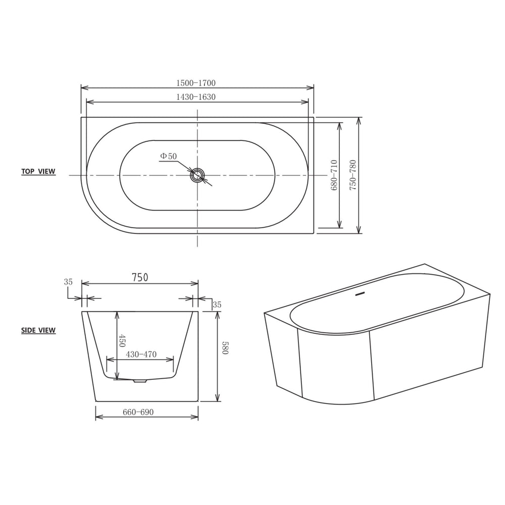 ZUMI MILA FREESTANDING RIGHT CORNER BATHTUB WITH OVERFLOW GLOSS WHITE (AVAILABLE IN 1500MM AND 1700MM)