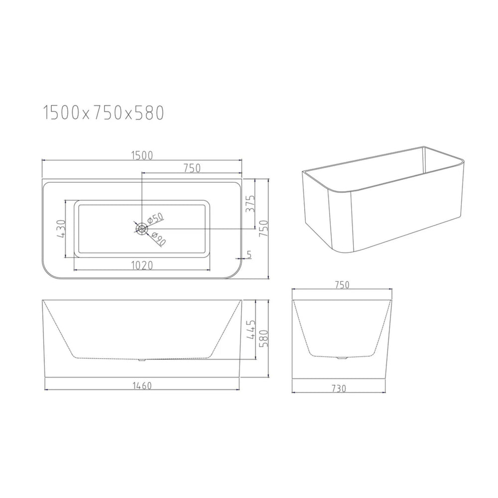MERCIO BULLION ULTRA THIN BACK TO WALL BATHTUB GLOSS WHITE (AVAILABLE IN 1500MM AND 1700MM)