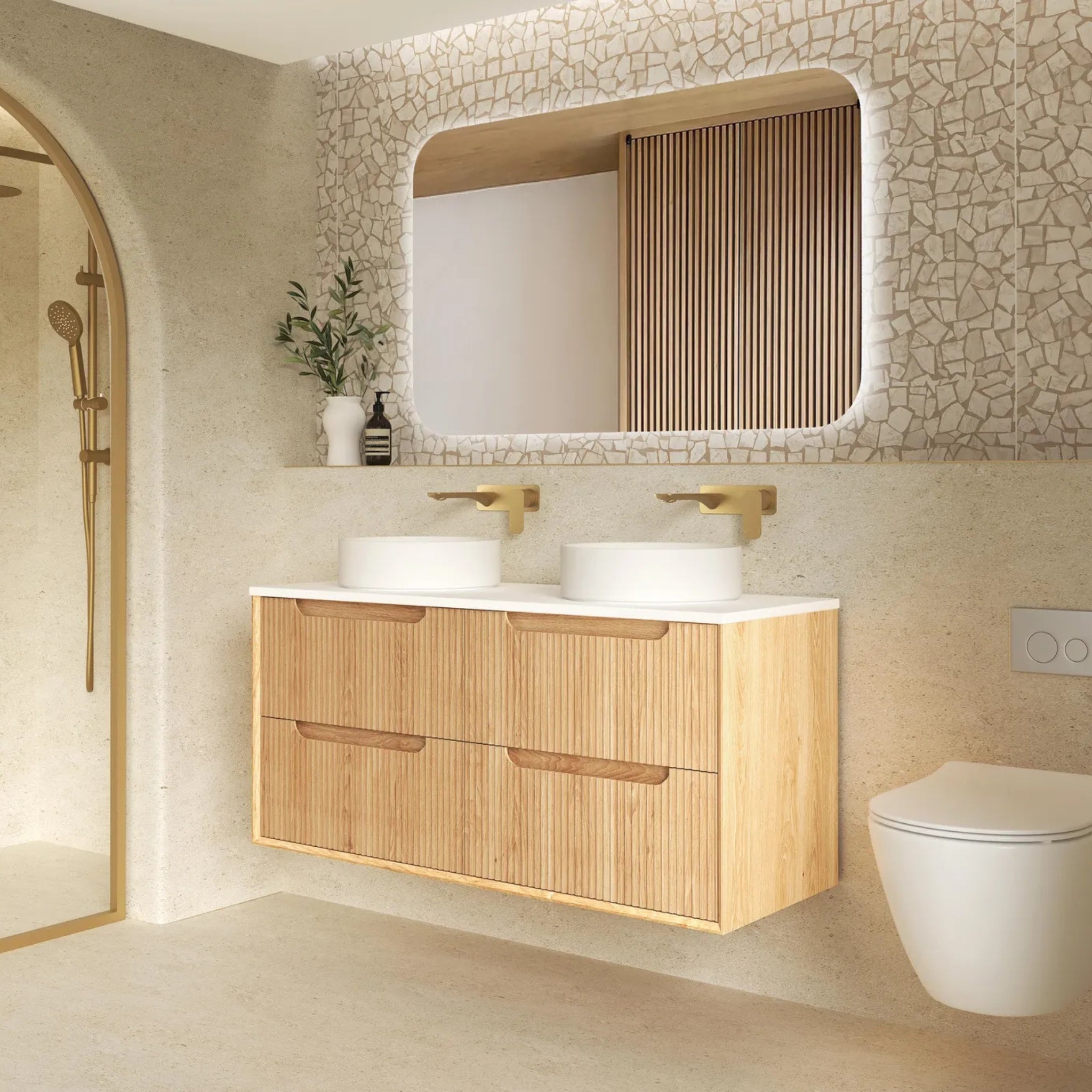 OTTI BYRON WOODLAND OAK FLUTED 1200MM DOUBLE BOWL WALL HUNG VANITY