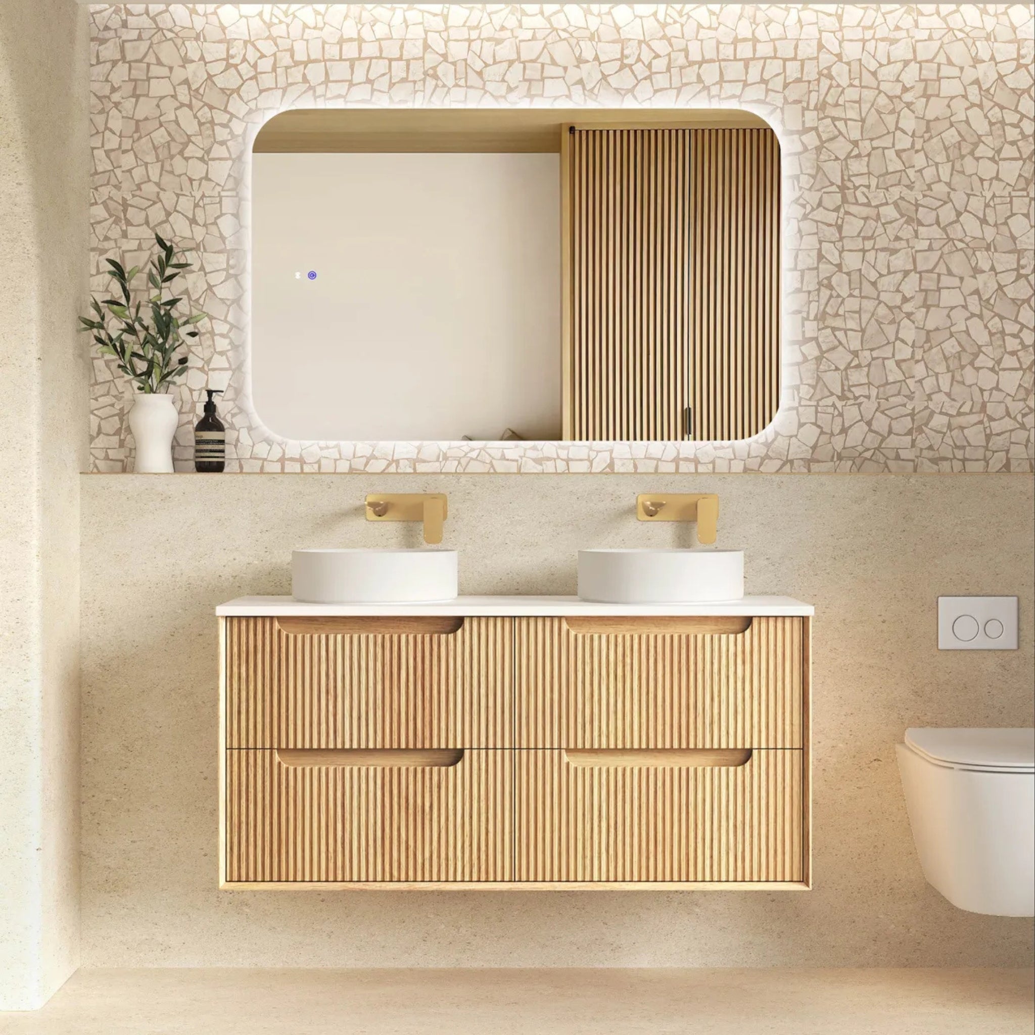 OTTI BYRON WOODLAND OAK FLUTED 1200MM DOUBLE BOWL WALL HUNG VANITY
