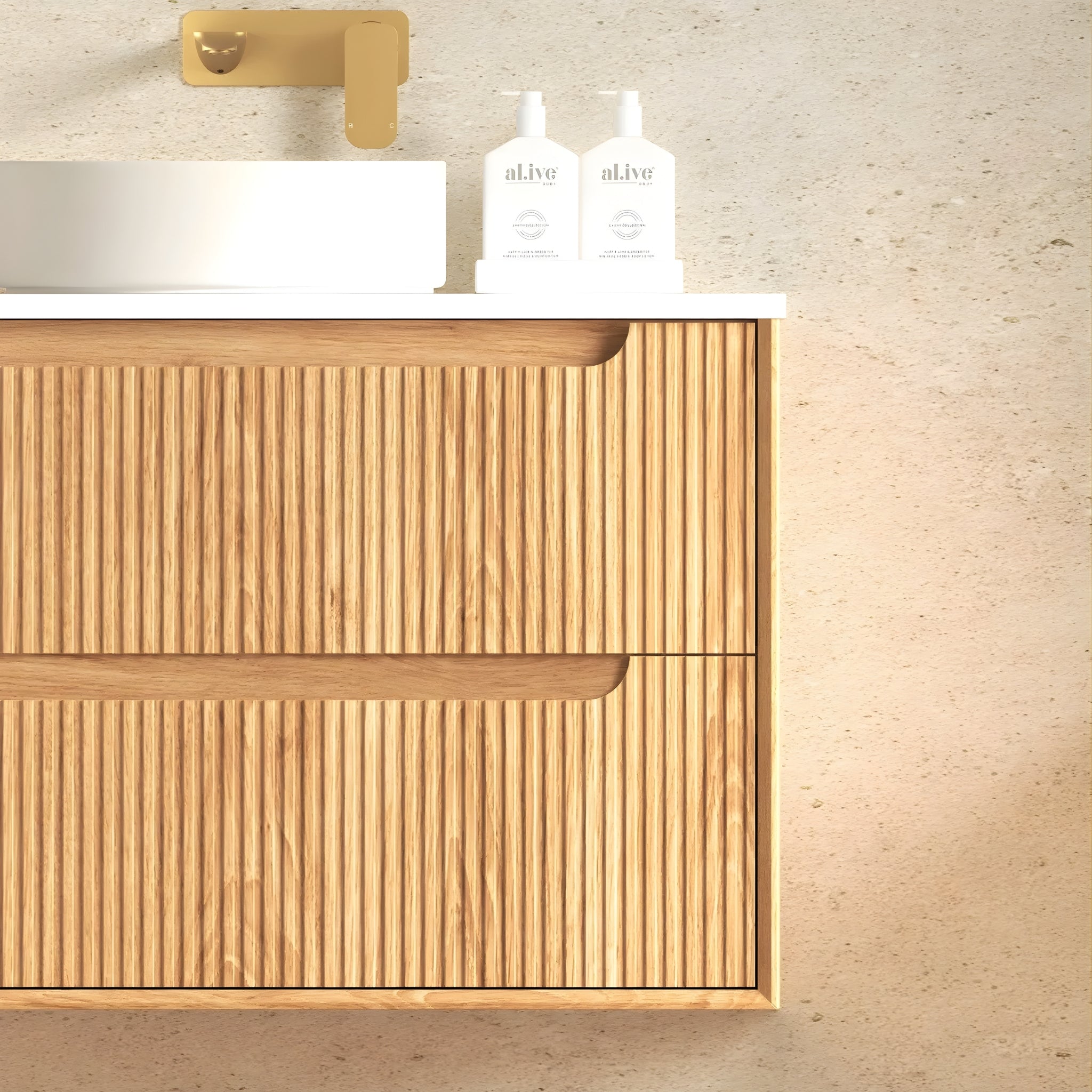 OTTI BYRON WOODLAND OAK FLUTED 1200MM DOUBLE BOWL WALL HUNG VANITY