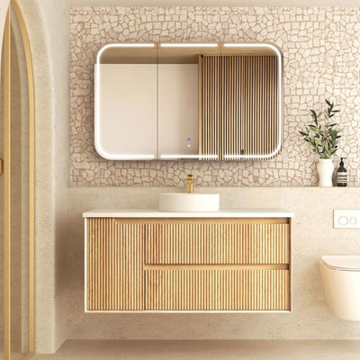 OTTI BYRON WOODLAND OAK FLUTED 1200MM SINGLE BOWL WALL HUNG VANITY