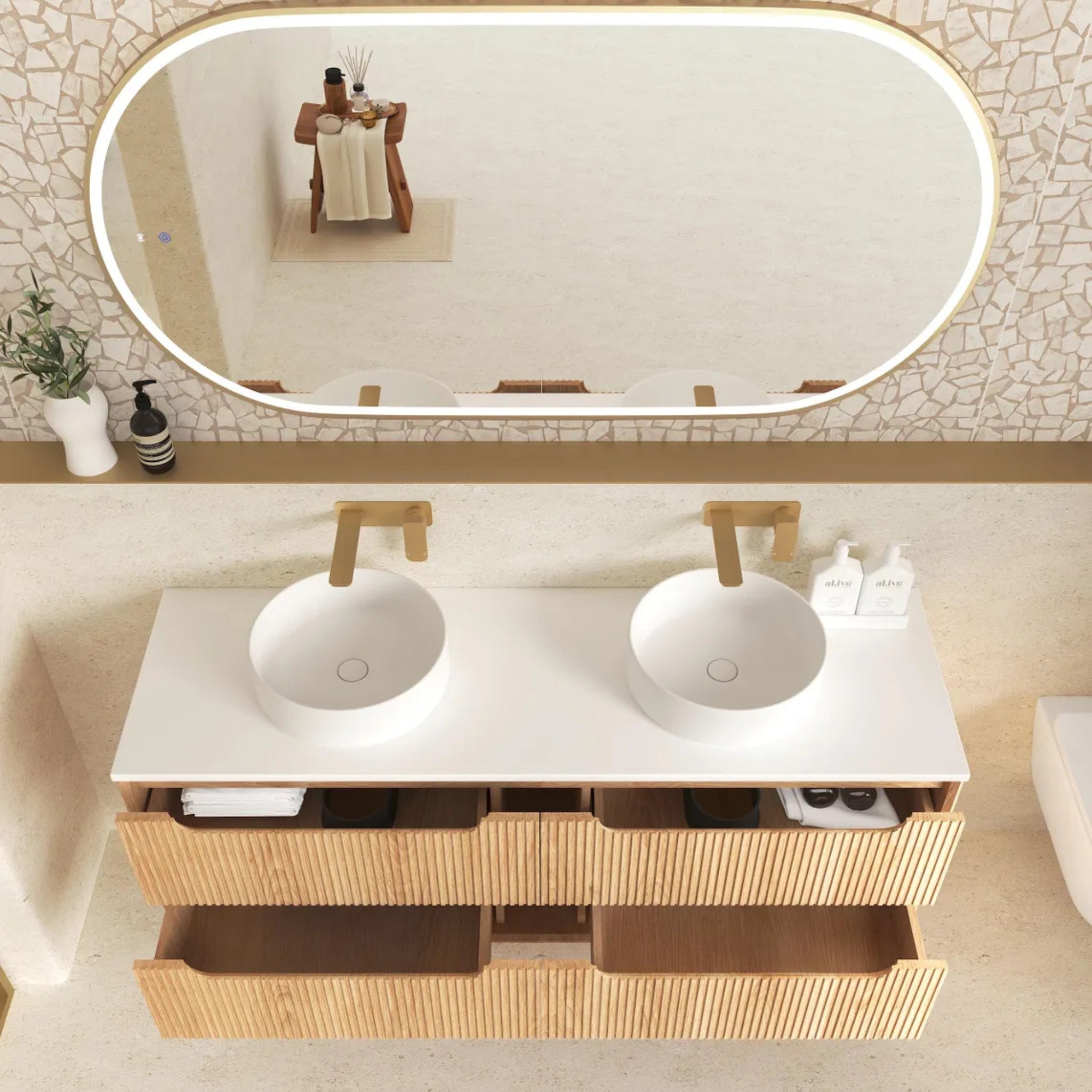 OTTI BYRON WOODLAND OAK FLUTED 1500MM DOUBLE BOWL WALL HUNG VANITY