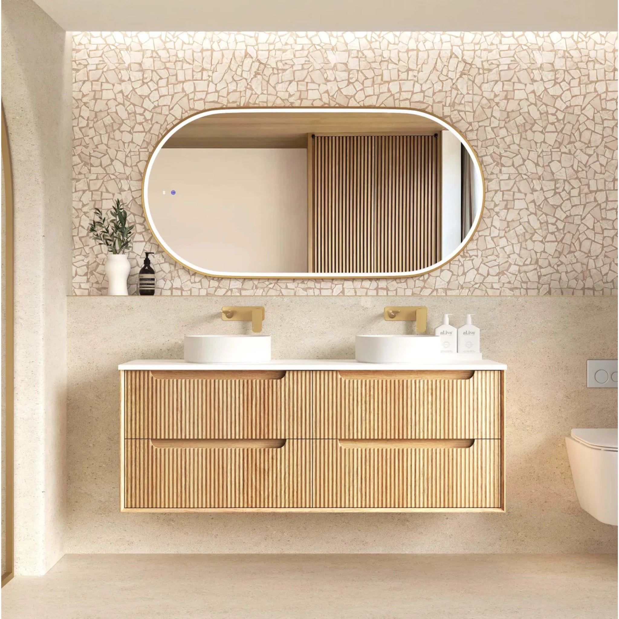 OTTI BYRON WOODLAND OAK FLUTED 1500MM DOUBLE BOWL WALL HUNG VANITY