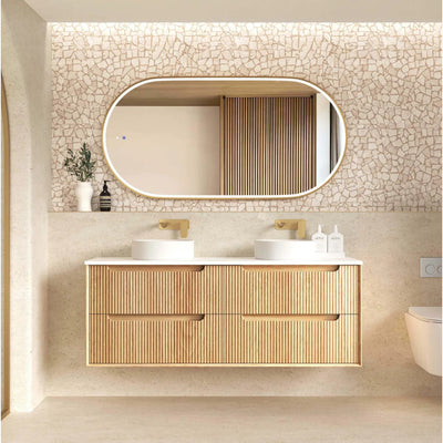 OTTI BYRON WOODLAND OAK FLUTED 1500MM DOUBLE BOWL WALL HUNG VANITY