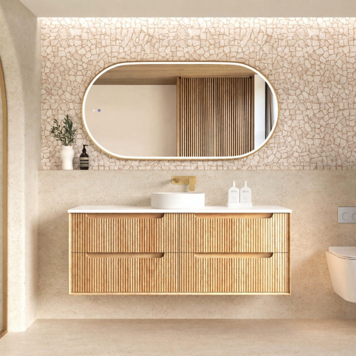 OTTI BYRON WOODLAND OAK FLUTED 1500MM SINGLE BOWL WALL HUNG VANITY