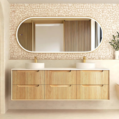 OTTI BYRON WOODLAND OAK FLUTED 1800MM DOUBLE BOWL WALL HUNG VANITY