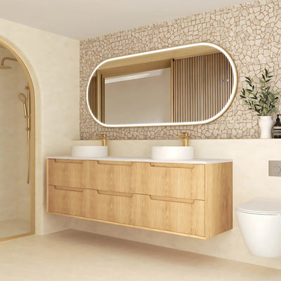 OTTI BYRON WOODLAND OAK FLUTED 1800MM DOUBLE BOWL WALL HUNG VANITY