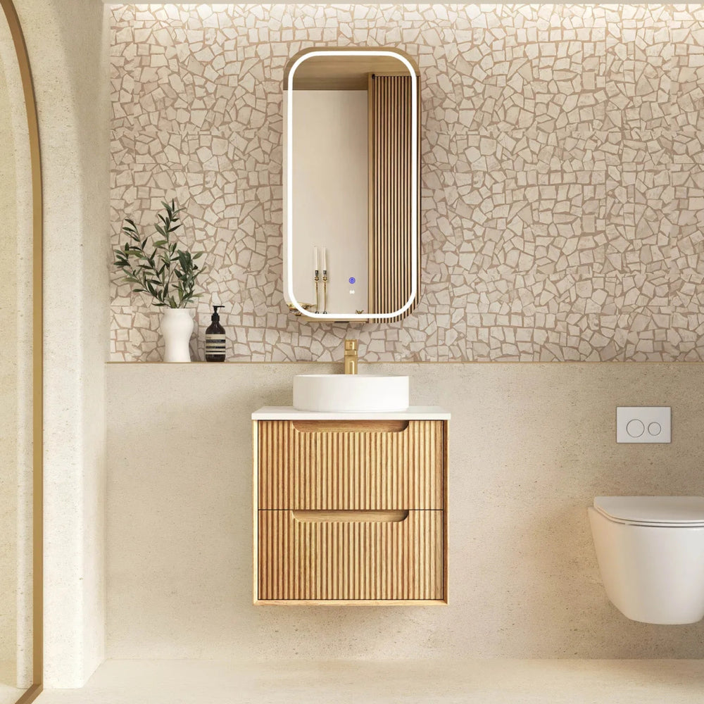 OTTI BYRON WOODLAND OAK FLUTED 600MM SINGLE BOWL WALL HUNG VANITY