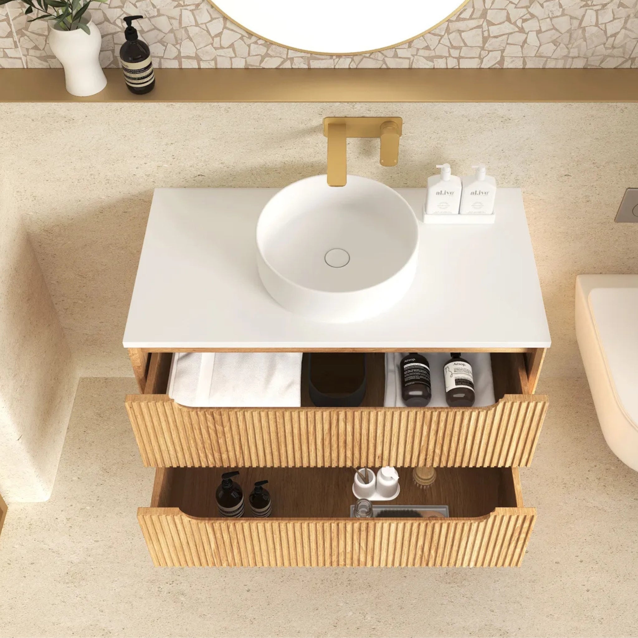 OTTI BYRON WOODLAND OAK FLUTED 750MM SINGLE BOWL WALL HUNG VANITY