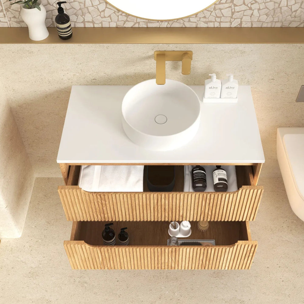 OTTI BYRON WOODLAND OAK FLUTED 900MM SINGLE BOWL WALL HUNG VANITY