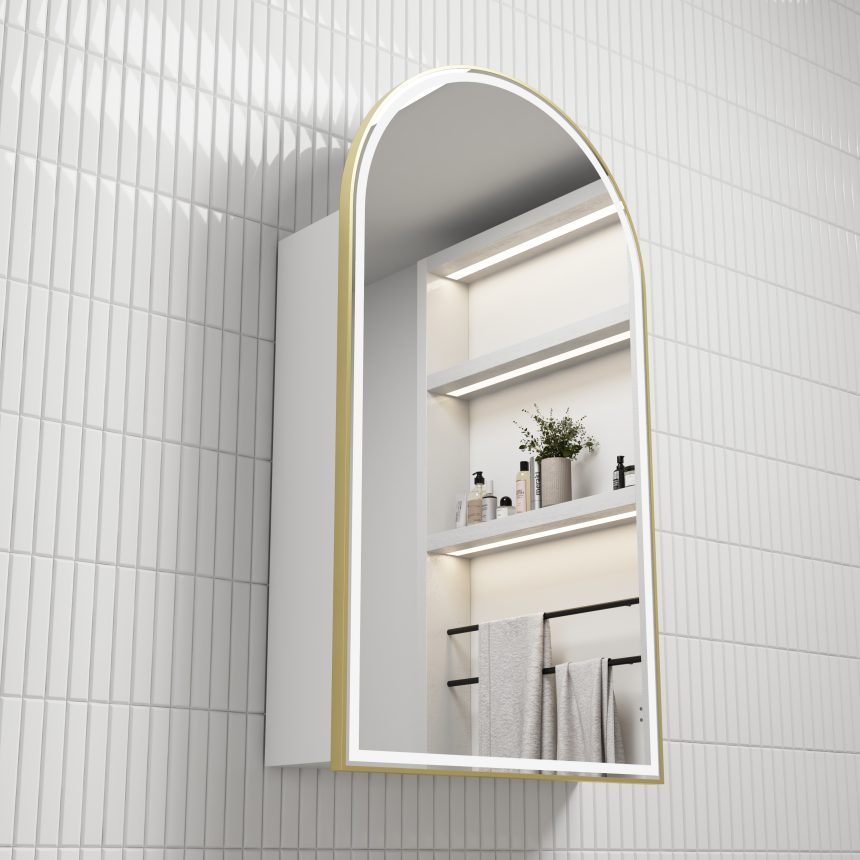 AULIC CANTERBURY BRUSHED GOLD FRAMED MATTE WHITE LED SHAVING CABINET 500X900MM